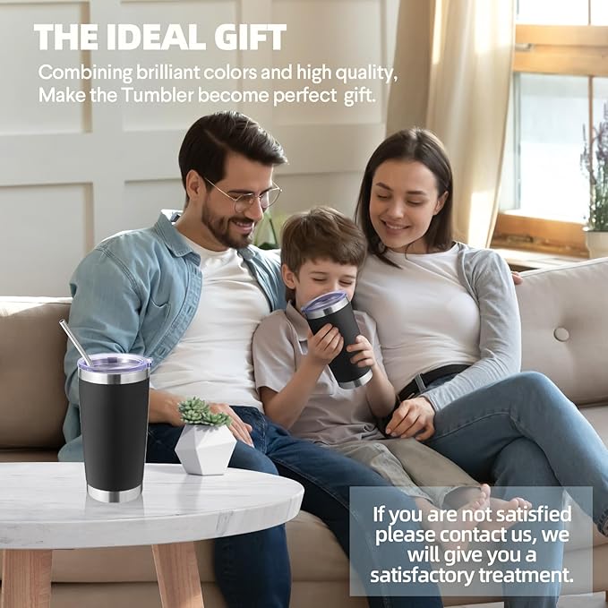 Volhoply 20oz Stainless Steel Tumbler with Lid and Straw Bulk 8 Pack,Double Wall Insulated Travel Iced Coffee Mug Fits Cup holder,Powder Coated Cups for Hot/Cold Drinks,Gifts for Women（Black,8 Set）