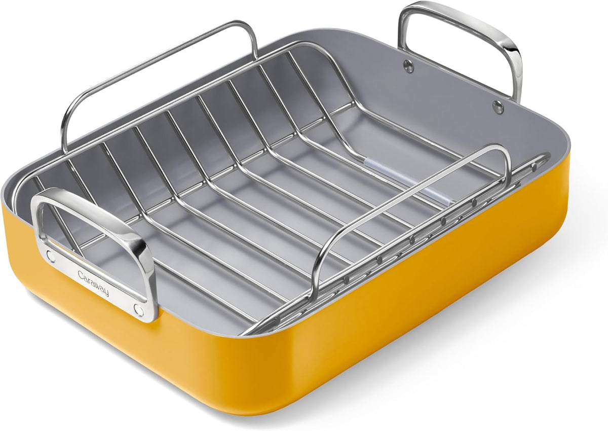 Caraway Roasting Pan - 16x13” Roasting Pan with Rack - Non-Stick Ceramic Coated - Non Toxic, PTFE & PFOA Free - Oven Safe & Compatible with All Stovetops - Marigold
