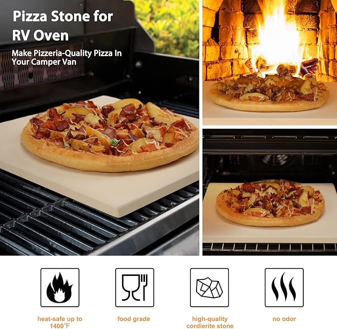 Small 10x10 Inch Cordierite Pizza Stone for RV Camper Oven & Grill, Square Baking Stone for Pizza, Bread, Pies, BBQ, Durable and Safe, with Plastic Scraper