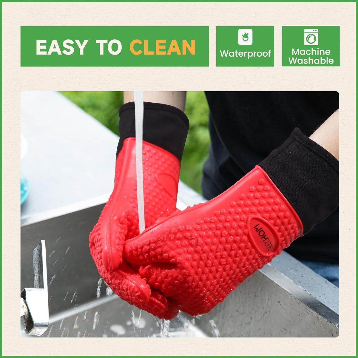 GEEKHOM BBQ Gloves Heat Resistant Oven Mitts - Silicone Grilling Gloves with 14" Long Arm Protection - Waterproof Pot Holder Non-Slip for Men & Women, Kitchen Cooking, Baking, Camping, Red