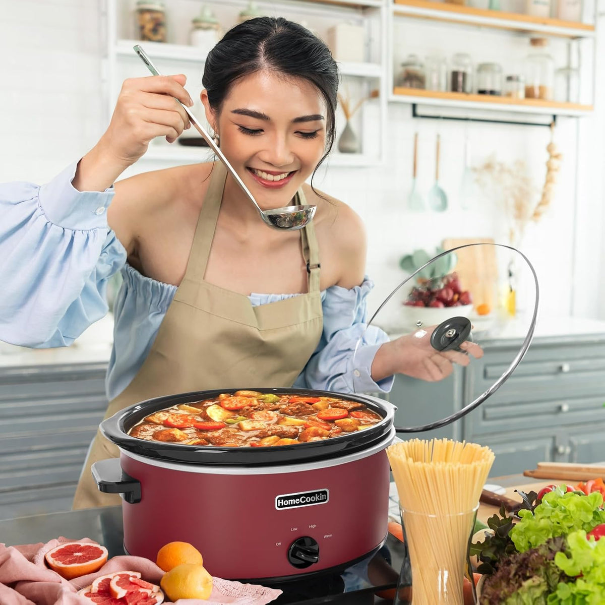 HOMECOOKIN 8 Quart Slow Cooker Oval Manual Pot Food Warmer with 3 Cooking Settings, Red Stainless Steel