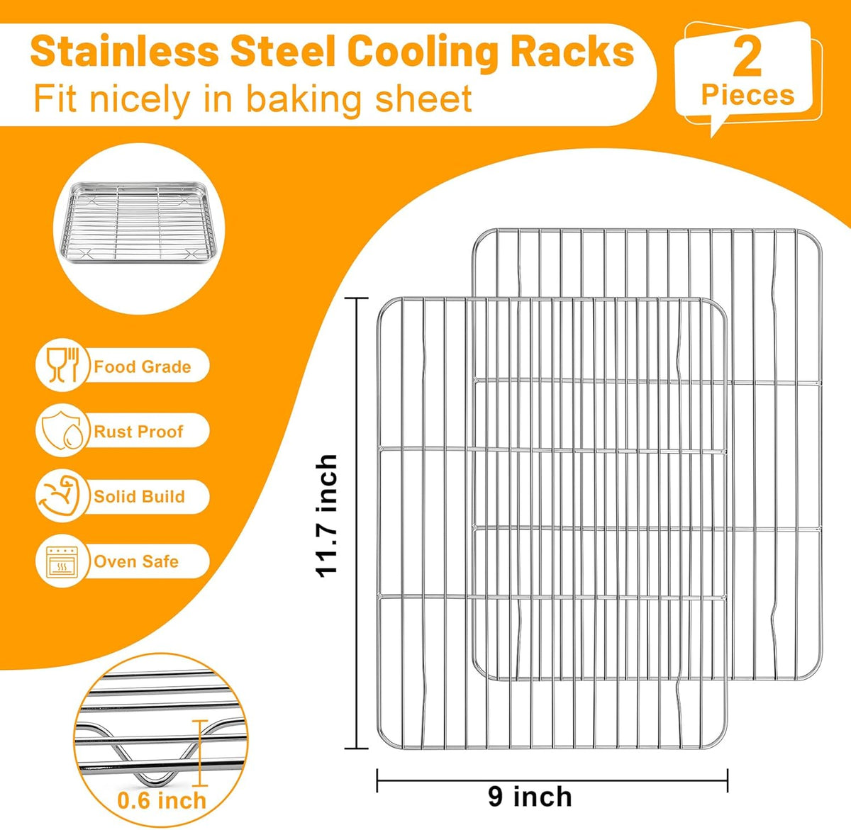 TeamFar Cooling Rack, 11.7” x 9” Stainless Steel Wire Baking Rack for Cooking Roasting Grilling, Fit for Oven Pan, Oven & Dishwasher Safe, Non-toxic & Heavy-Duty, 2PCS