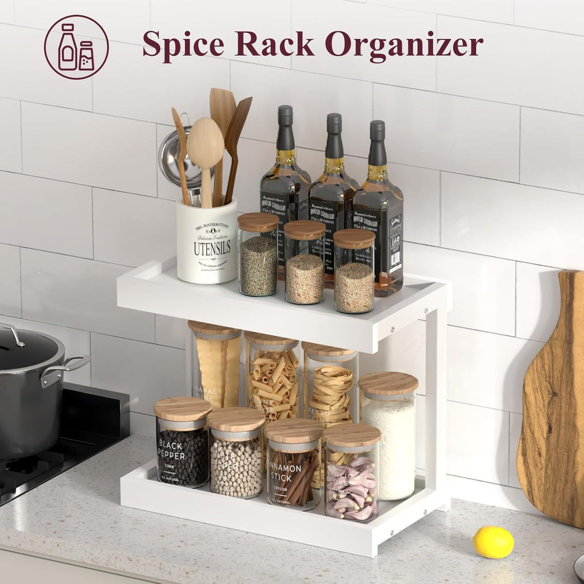 MARTY 2 Tier 15.75"x8.9" Large Countertop Shelf Organizer Spice Rack, Coffee Station Organizer for Mugs Cups, Wooden Shelf Desktop Storage Organizer for Kitchen Bathroom Home Office (White)