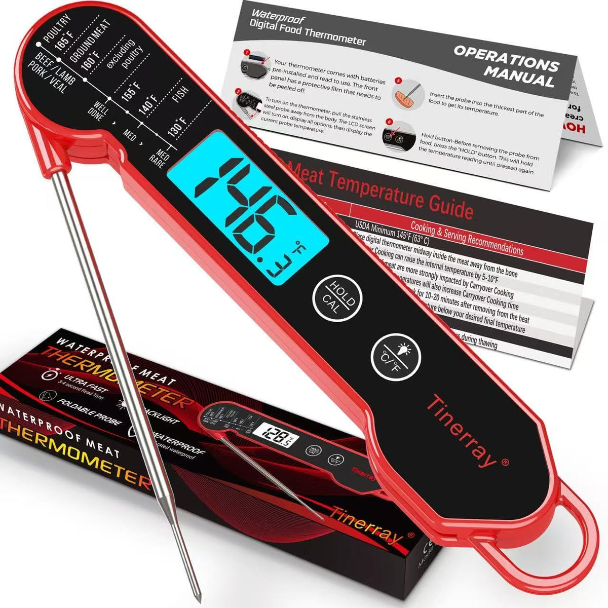Digital Meat Thermometer for Cooking – Waterproof Instant Read Food Thermometer with Backlight & Calibration, Fast Read, Folding Probe for BBQ, Grill, Candy, Deep Fry, Kitchen, Liquids, Beef（Red）