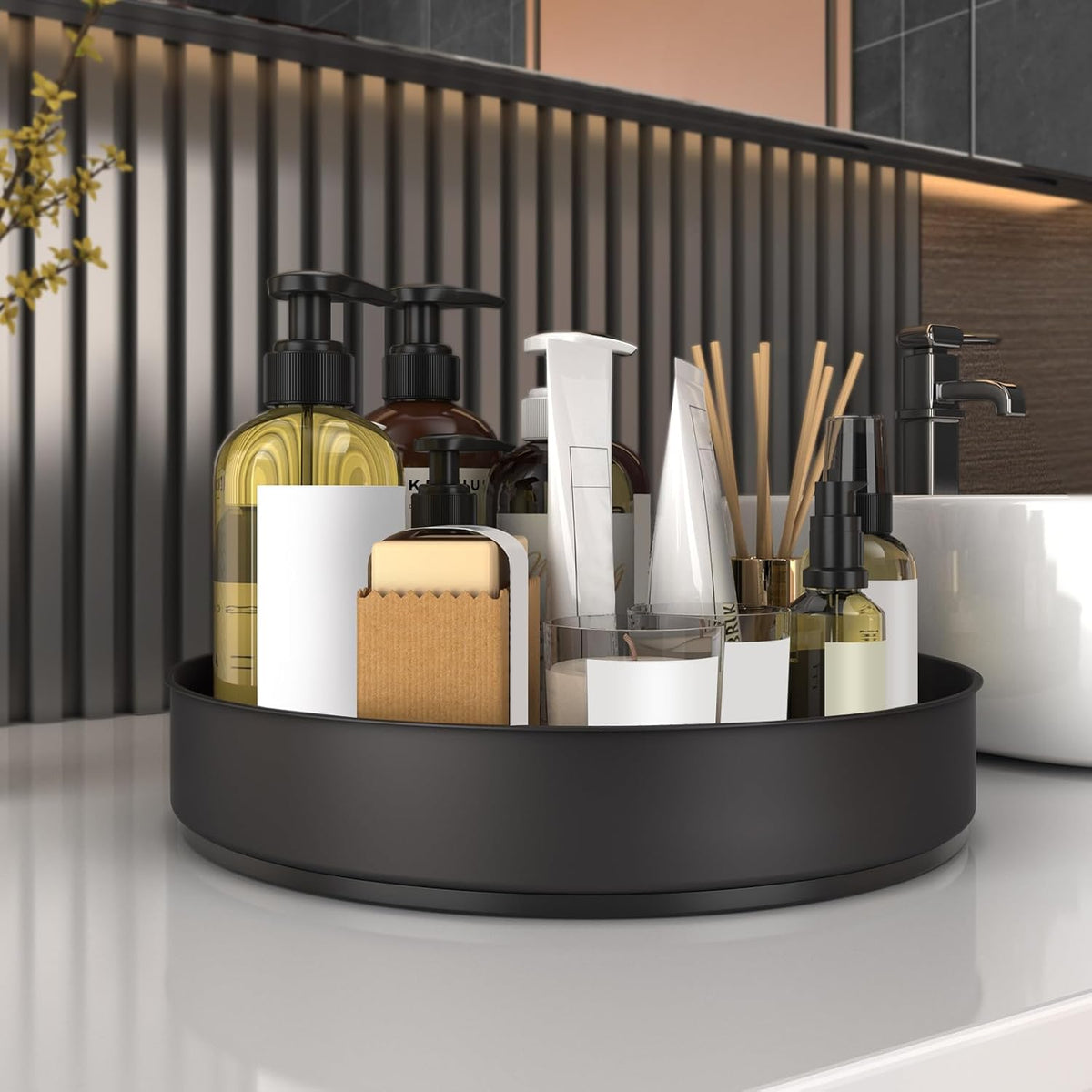 VAEHOLD Lazy Susan Stainless Steel Black Spice Rack Turntable for Pantry Cabinet - Decorative Trays Storage Containers Organizer for Kitchen Cabinet, Snacks, Bathroom (12 inches)