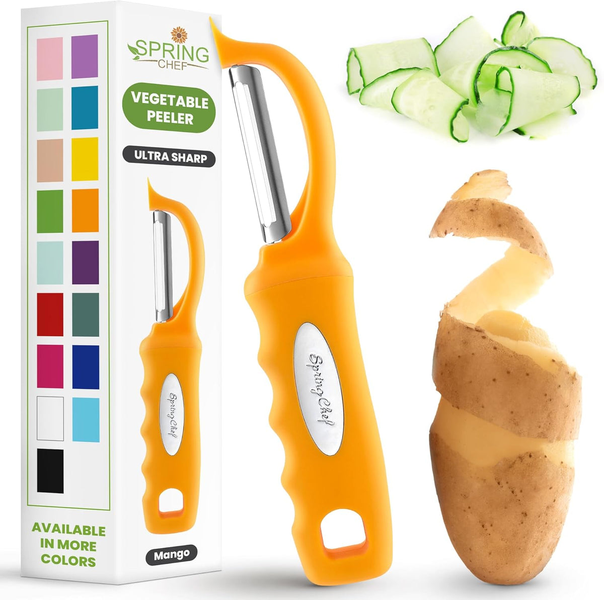 Spring Chef Premium Swivel Vegetable Peeler, Soft Grip Handle and Ultra Sharp Stainless Steel Blades - Perfect Kitchen Peeler For Veggie, Fruit, Potato, Carrot, Apple - Mango