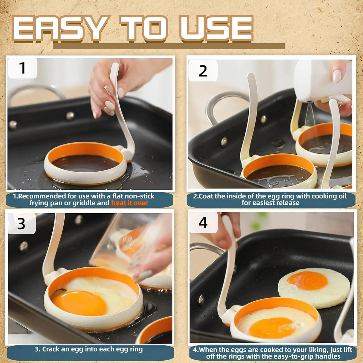 Silicone Fried Egg Cooker Rings Set,Nonstick,Easy to Use&Clean, 4-pack, Round Egg Mold for Cooking Pancake,Breakfast Sandwich, fit McMuffin Biscuit,Griddle Egg Ring for Frying Eggs