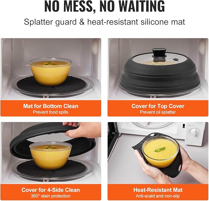 VEVOR Microwave Splatter Cover & Mat, 10.8" Collapsible Microwave Lid for Food, 500°F Heat-Resistant Silicone & Tempered Glass Splatter Guard for Plate Dish, Multi-Purpose Kitchen Gadget with Handle