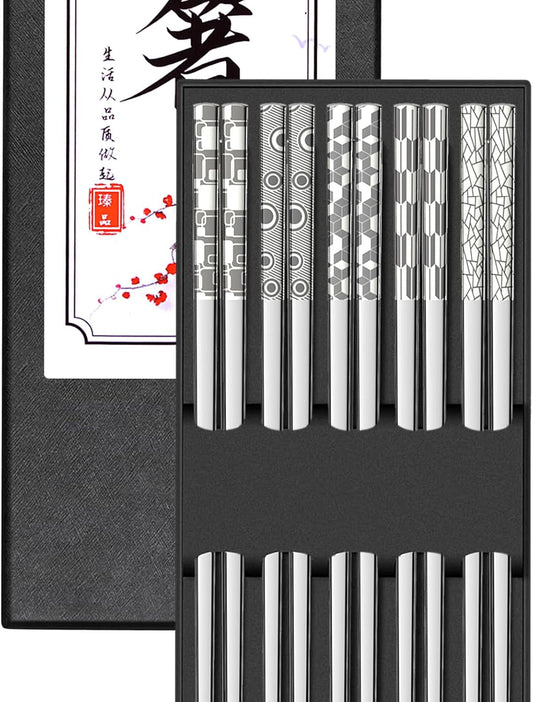 Metal Chopsticks Reusable 18/8 Stainless Steel Chopstick Sleek Engraving Patterns Chop Sticks Reusable Dishwasher Safe Non-Slip Japanese Korean ChopStick 5 Pairs Present Set
