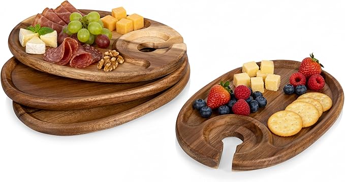 PICNIC TIME Wine Appetizer Plates, Set of 4 Wooden Cocktail Plates with Glass Holder, Mini Charcuterie Boards for Wine and Cheese Parties, Acacia Cheese Board Serving Trays (Oval - Acacia Wood)