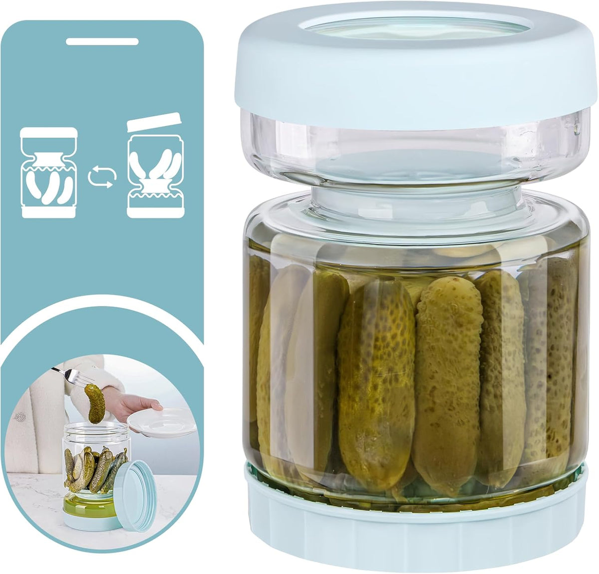 WhiteRhino Glass Pickle Container with Strainer Flip, 51oz Hourglass Pickle Flip Jar, Leakproof Storage, Separates Juice for Olives, Onions, Gherkins