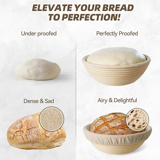 Bread Proofing Basket, Kikcoin Banneton Bread Proofing Basket Set of 2, 9 Inch & 10 Inch Round Sourdough Proofing Basket with Linen Liner, Bread Lame, Dough Whisk