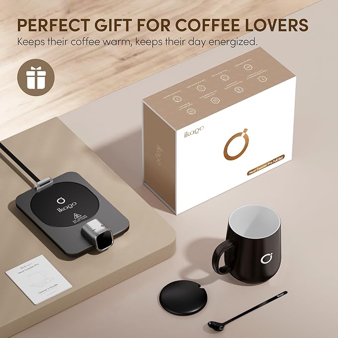 Coffee Mug Warmer & iKago Mug Set, Accurate Temperature Control Smart Heated Mug for Desk, Electric Coffee Warmer with Auto Shut Off & Real-Time Temp Display, Gifts for Men Women, 15oz Ceramic Mug