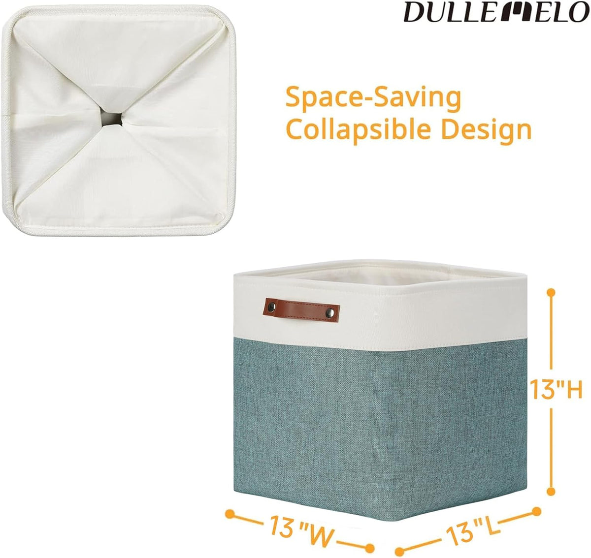DULLEMELO Storage Bins, 4 Pack Of 13x13x13 Decorative Storage Cube Bins Suit Office, Home, Shelves And Closet, Stackale Gift Baskets Empty with Leather handle (White&Deep Green)