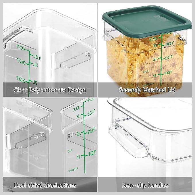 4 Pack Food Storage Containers with Green Lids, 4.0 Qt - Square, Clear, Polycarbonate
