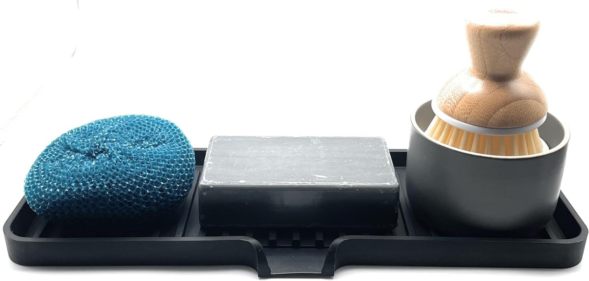 Happitasa Silicone Soap Dish Tray and Sponge Holder with Drain Chute | Bathroom and Kitchen Sink Organizer Caddy (Black, 12"x4", 7.4 Ounces)