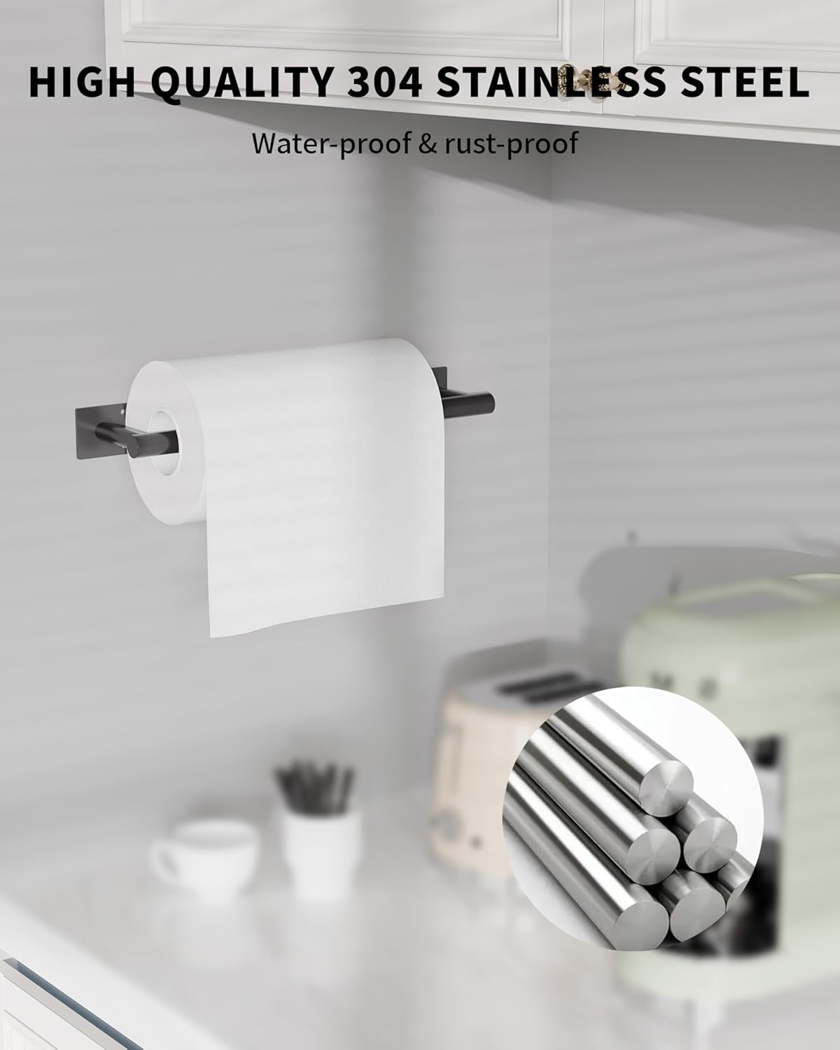 Paper Towel Holder Under Cabinet, Self Adhesive or Wall Mount Matte Black Hanging Paper Towel Holder with Damping Effect, Single Hand Operable, Stainless Steel for Kitchen Bathroom