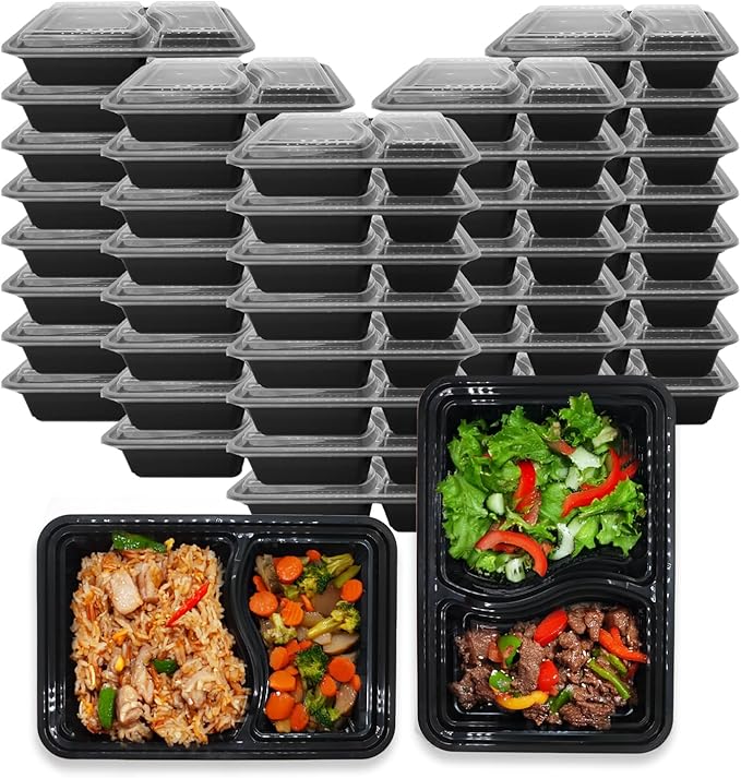 Klex 32 Oz, 150 Sets 2 Compartment Meal Prep Containers with Airtight Lids, BPA Free, Reusable Plastic Food Container, 32 oz, Rectangular, Black/Clear, 150 Sets