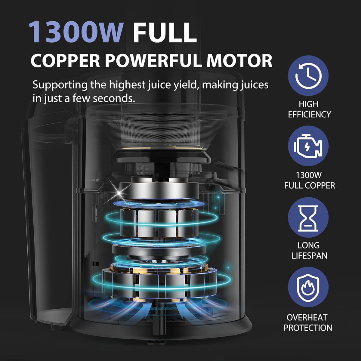 1300W KOIOS Centrifugal Juicer Machines, Juice Extractor with Extra Large 3inch Feed Chute, Full Copper Motor, Titanium-Plated Filter, High Juice Yield, 3 Speeds Mode, Brush included, Non-BPA, Blue