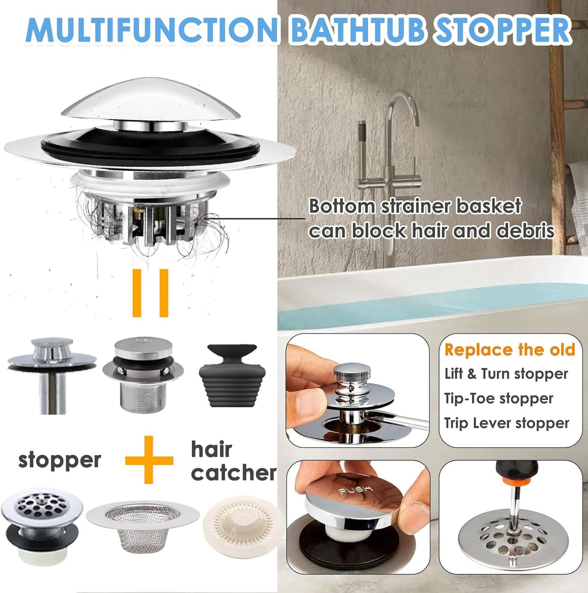 Bathtub Drain Stopper, Pop Up Tub Drain Hair Catcher, Bath Tub Drain Plug and Cover for 1.45-1.8in Drain Hole, Replaces Lift and Turn, Tip Toe or Trip Lever, Silver