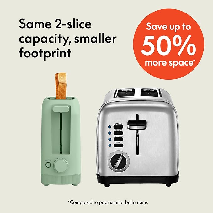 bella 2 Slice Slim Toaster, Fits-anywhere™ Kitchenware, 6 Setting Shade Control with Reheat & Cancel Buttons, Fits Sourdough, 10” Long Slot, Anti Jam & Auto Shutoff, 900 Watt, Seaglass