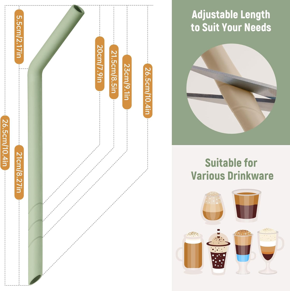 NiHome 6PCS Extra Wide Reusable Bent Silicone Straws for Boba, Smoothies, Bubble Tea, Eco-Friendly Bent Straws for Thick Drinks, Child-Safe, Customizable Length, 2 Brushes for Cleaning (Nature Colors)