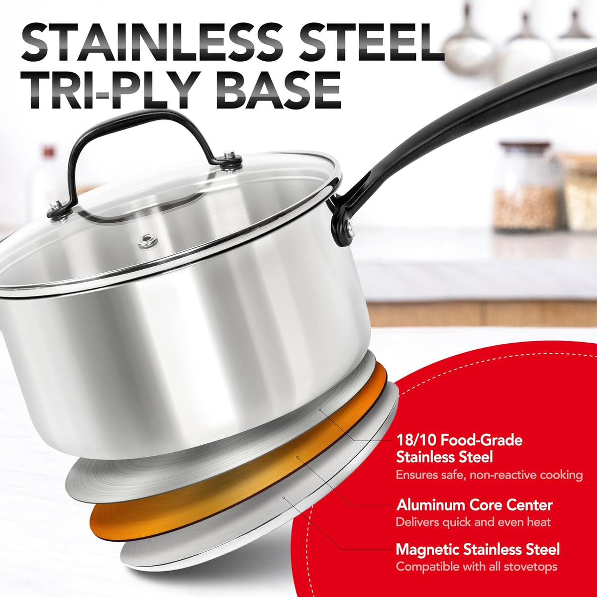 MICHELANGELO Tri-Ply Stainless Steel Saucepan with Lid 6 Pcs, Stainless Steel Sauce Pans with Cool Handle, 6 Pcs Multipurpose Sauce Pots Set for Kitchen Cooking, Induction Compatible, 1QT & 2QT &3QT