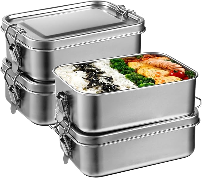 4 PCS Bento Boxes, 850 ML Stainless Steel Lunch Boxes, Food Storage Containers, Portable Metal Lunch Containers, Lockable Clips to Leak Proof, Reusable Dishwasher Safe Lunch Snack Boxes