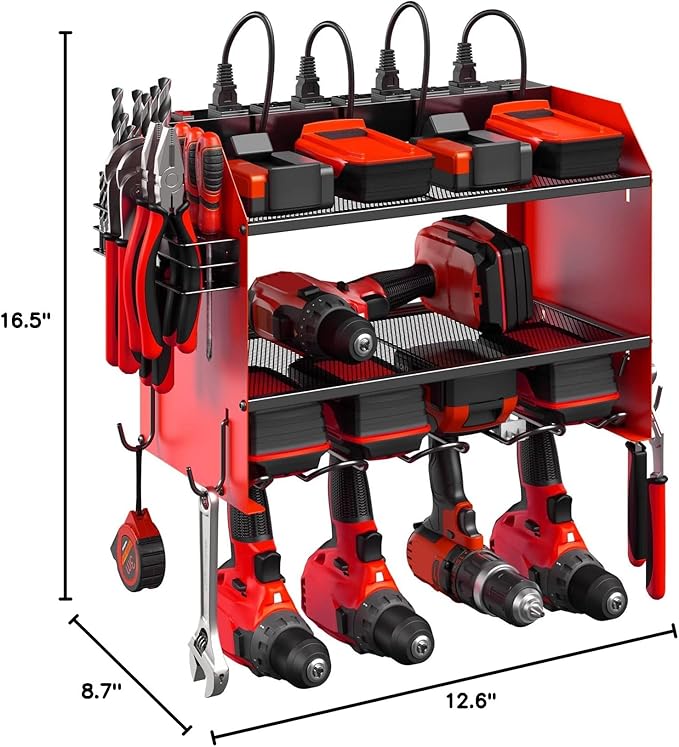 CCCEI Modular Power Tool Organizer Wall Mount with Charging Station. Garage Drill Storage Shelf with Hooks, Heavy Duty Rack, Tool Battery Holder Built in 8 Outlet. Gift for Men. Red, 2 Pack.