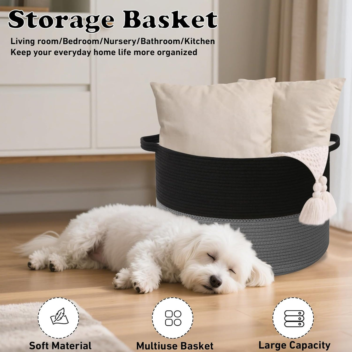 Large Blanket Basket for Organizing,115L Closet Organizers and Storage Bins Box for Shelves Woven Rope Storage Baskets,Living Room,Bedroom,Dorm,Laundry room (Black&Dark Grey)