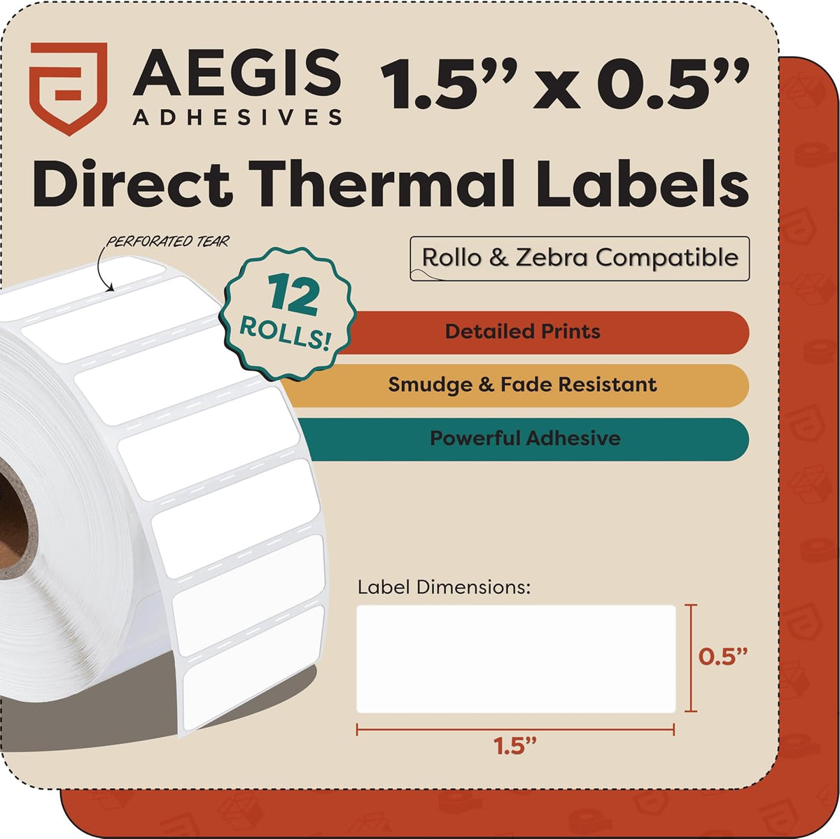 Aegis Adhesives - 1.5" X 0.5" Direct Thermal Labels, Perforated & Compatible with Zebra Desktop Printers - NOT Rollo Compatible (12 Rolls, 2350/Roll)