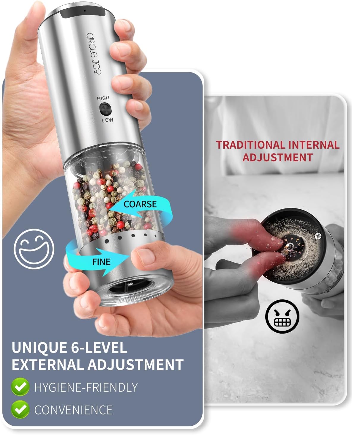 CIRCLE JOY Electric Pepper Grinder Stainless Steel Rechargeable Pepper Mill with Variable Grinding Speed, External Adjustable Coarseness, 95ml Container and White LED Light, Silver