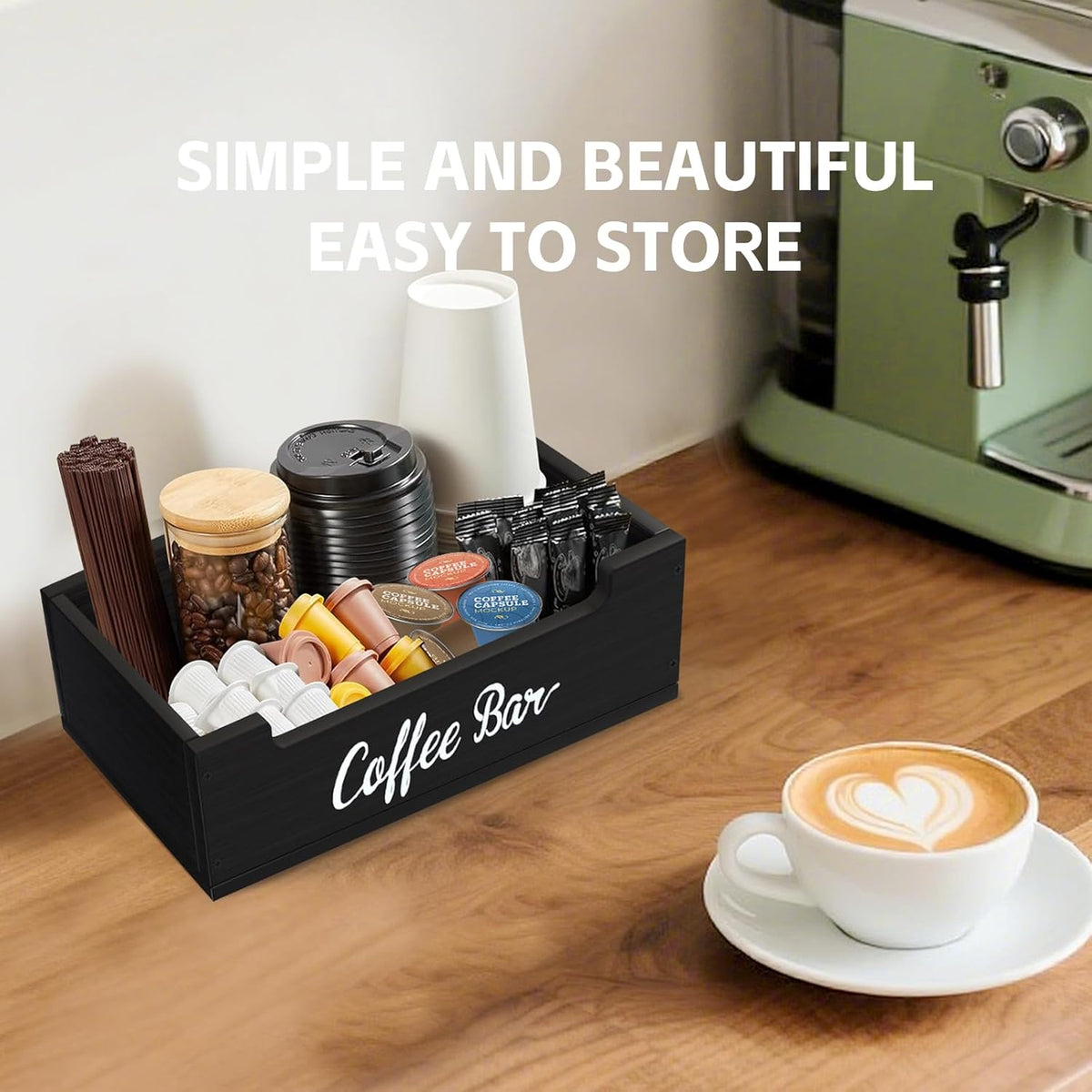 Coffee Pod Bar Station Wooden 13" X 7" X 4" Organizer Box for Countertop, Counter Top Tea Espresso Cup Wood Storage Box, Black