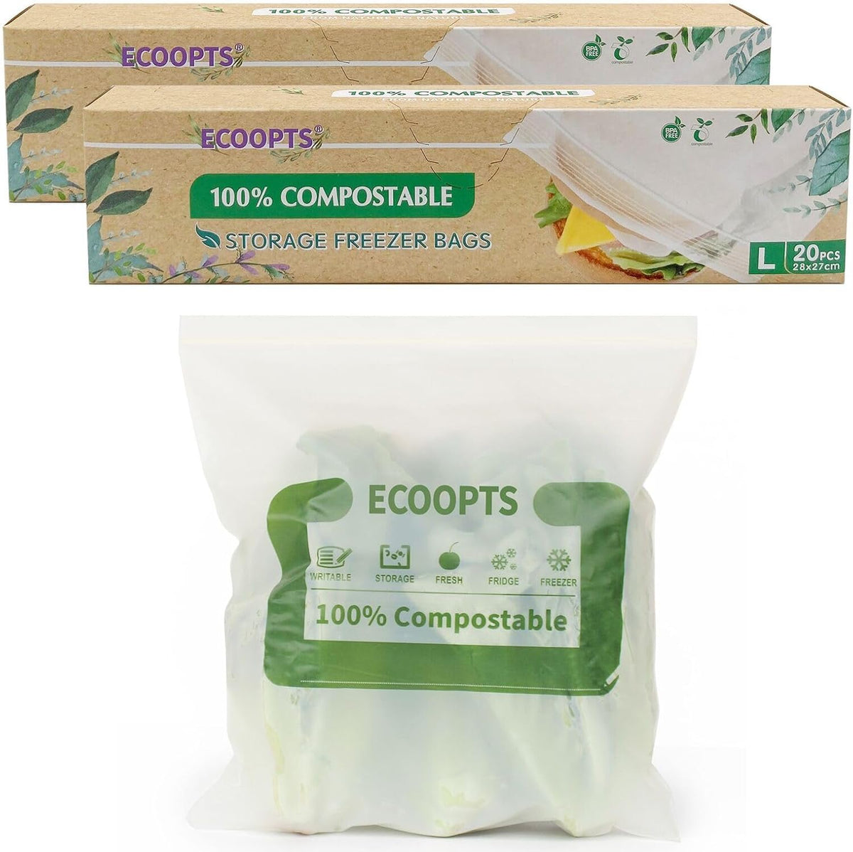 100% Compostable Large Sandwich Zip Bag | ECO-Friendly Food Storage Bags | Freezer Bag | Plant-Based BPA-free | Seal well for Fruit,Food and Snack (L-2Pack)