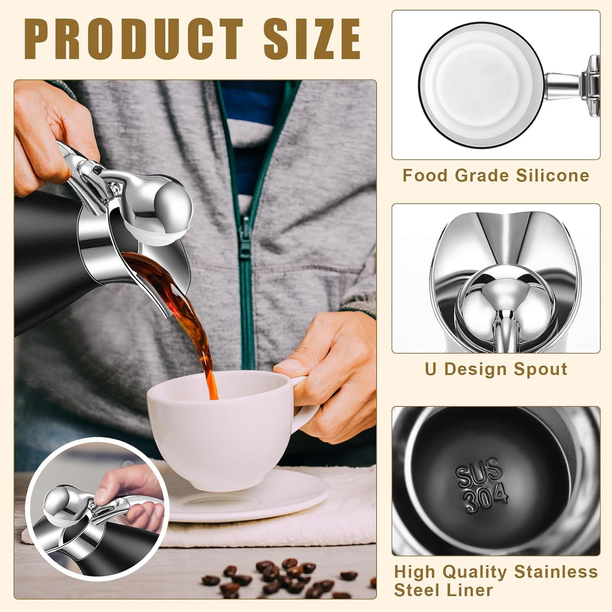 Uiifan 2 Pcs 68 oz Thermal Coffee Carafe Insulated Stainless Steel Coffee Carafe for Hot Liquids Vacuum Thermal Pot Creamer Dispenser with Brushes Keeping Hot Tea Milk Water(Black)