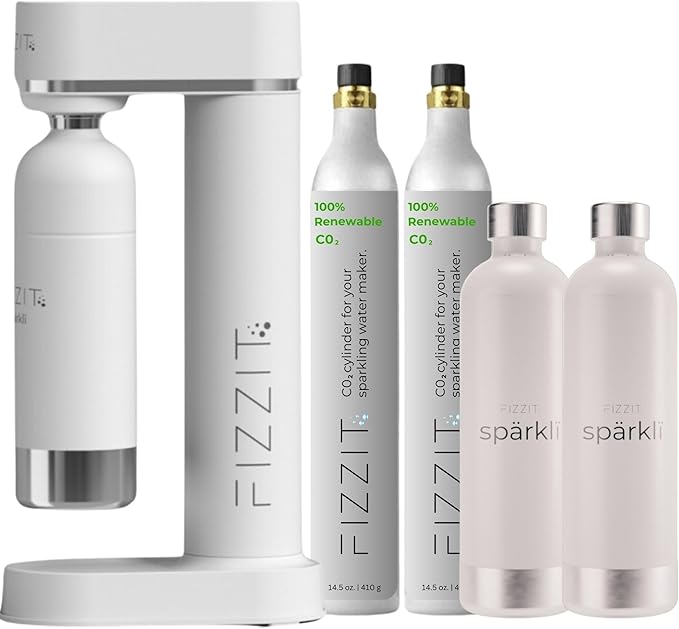 White Stainless Steel Sparkling Water Maker with 2 CO2 Cylinders & 2 Reusable Bottles
