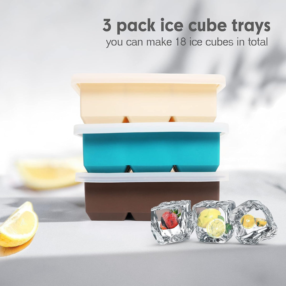 Silicone Ice Cube Trays 3 Pack - Large Size Silicone Ice Cube Molds with Leak Proof Removable Lid Square Ice Cube Tray And BPA Free for Cocktail,Whiskey, Stackable Flexible Ice