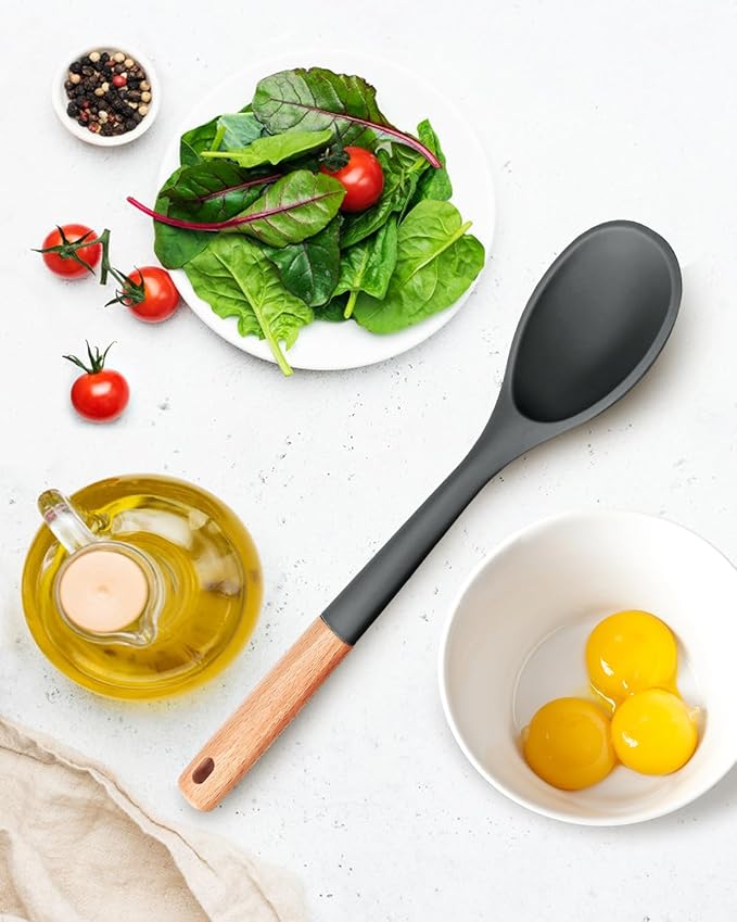 Large Silicone Cooking Spoons, Nonstick Solid Wooden Handle Spoon, Heat Resistan Silicone Kitchen Spoons for Cooking, Serving, Basting, Mixing, 13.2inch (Grey)