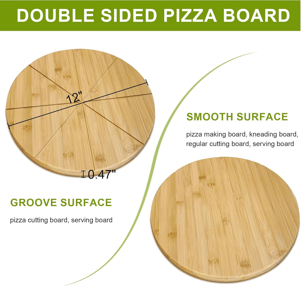 12" Round Cutting Board Pizza Cutting Board with Cutting Grooves Double Sided 12inch Bamboo Wooden Pizza Tray Serving Platter Pizza Oven Accessories Pizza Prep Board Paddle Circular Circle