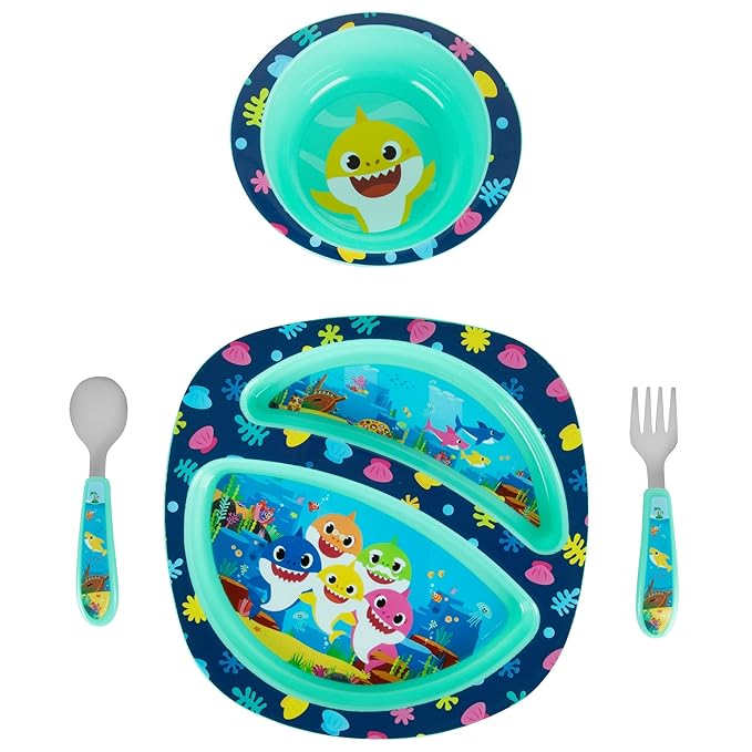 First Years Baby Shark Toddler Dinnerware Set - Includes Plate, Bowl, Fork and Spoon - 4 Count, Blue