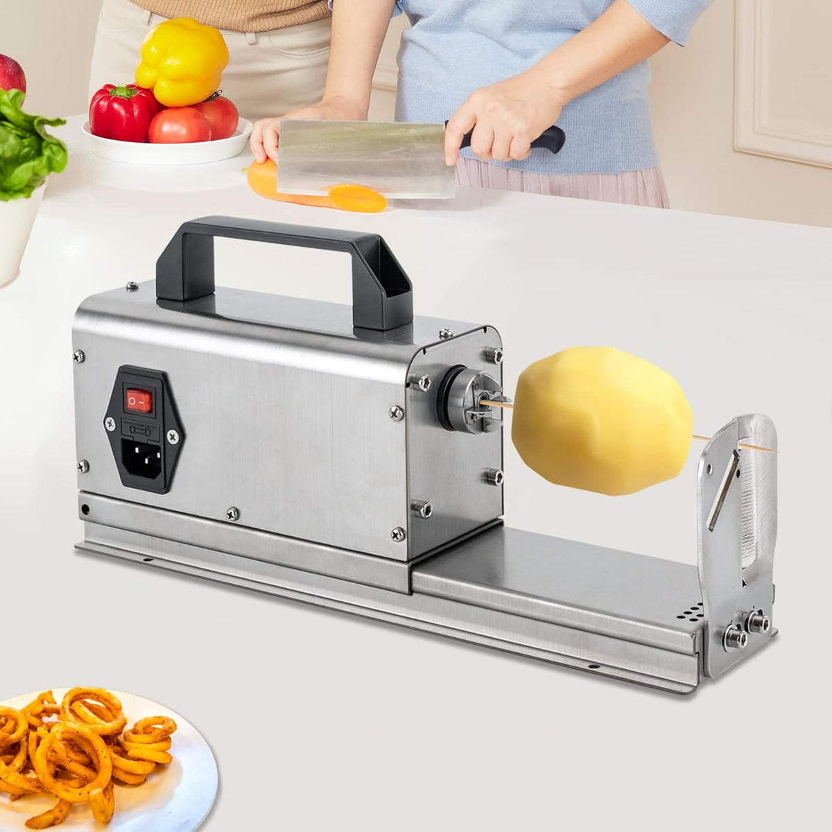 Electric Tornado Potato Slicer 3 in 1 Stainless Steel Potato Cutter Machine Curly Fries Cutting Machine Vegetables Chopper Spiral Twister Spiral Potato Chips Making Machine