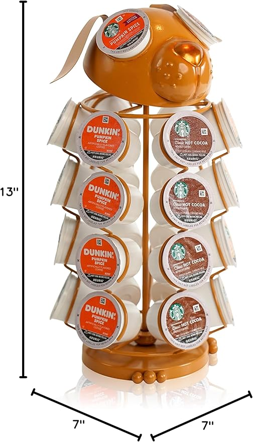 Made Easy Kit Carousel Coffee Pod Holder, Compatible with Keurig K-Pods K-Cups, Countertop Rack Storage Organizer, Metal Home and Kitchen Decor, Capsule Café Station Bar (Small, Brown Dog)