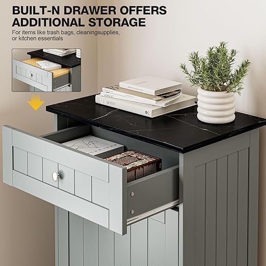 GAZHOME 10 Gallon Tilt Out Trash Cabinet, Upgrade Wooden Free Standing Recyclin Trash Cabinet with Hideaway Drawer(Gray)