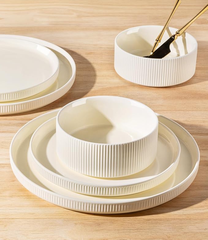 TheTerra Ceramic Dinnerware Sets for 8, 24 Pieces Porcelain Lightweight Plates and Bowls Sets, Scratch Resistant Dish Set, Oven & Microwave & Dishwasher Safe, Beige