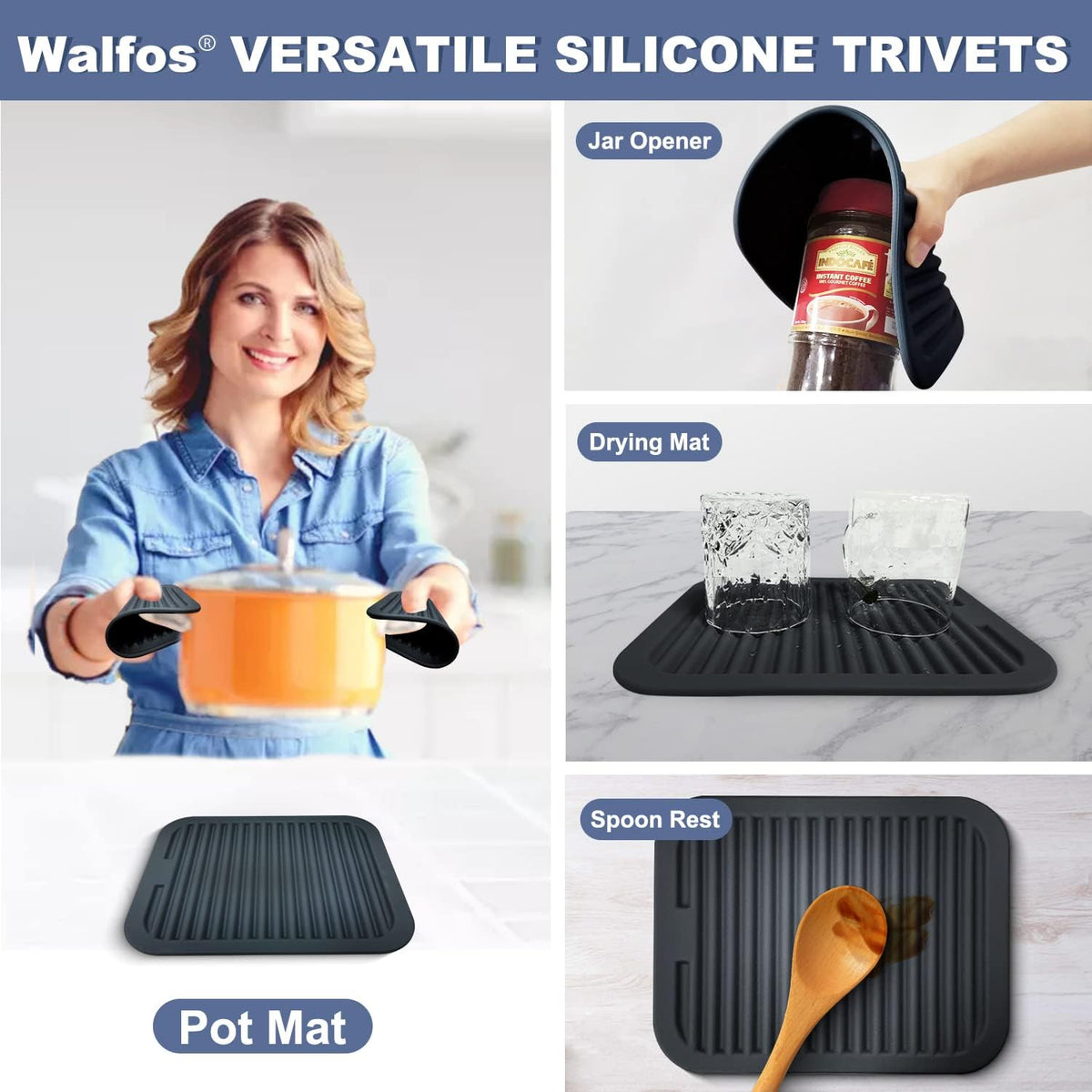 Walfos Silicone Trivets Set - Heat Resistant Pot Holder, Non-Slip and Flexible, 2 Pcs Multi-Purpose Kitchen Table Mat, Prefect for Hot Dishes, Jar Opener, Spoon Holder, Oven Mitts(Orange)