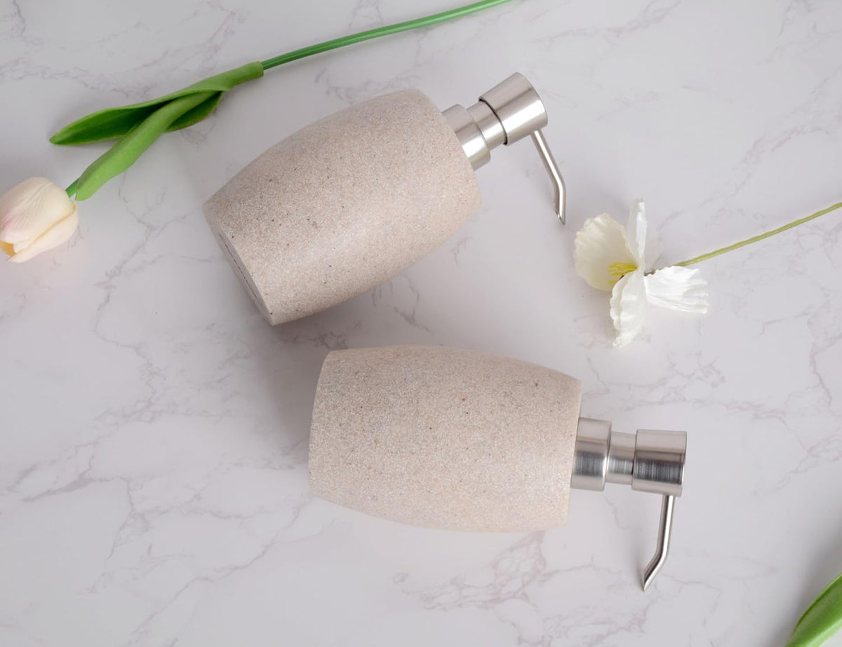 Sandstone Textured Resin Soap Dispenser with Metallic Pump and Waterproof Bottle Labels for Bathroom Kitchen Dish Hand Wash Shower Lotion Shampoo, 12 Oz, 2 Sets Beige