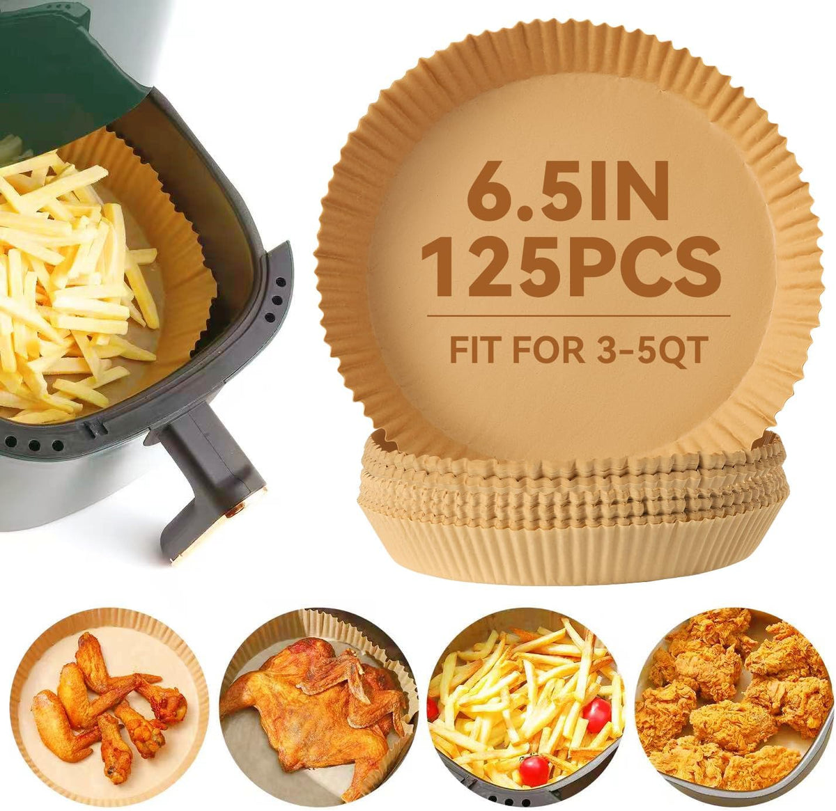 125Pcs 6.5 inch Round Disposable Air Fryer Parchment Liners-Non-Stick Parchment Sheets for Air Fryer Basket Microwave – Oil-proof, Water-proof, Effortless Cleanup for Baking