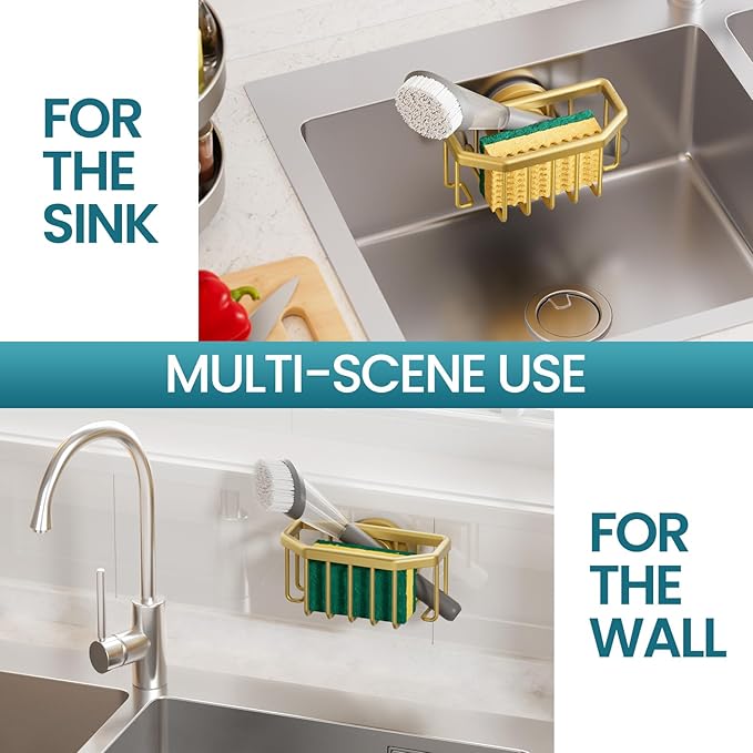 TAILI Sponge Holder for Kitchen Sink with Strong Suction Cup Removable, Rustproof Aluminum Sink Caddy for Sponge, Brush, Scrubber, Scraper -Gold