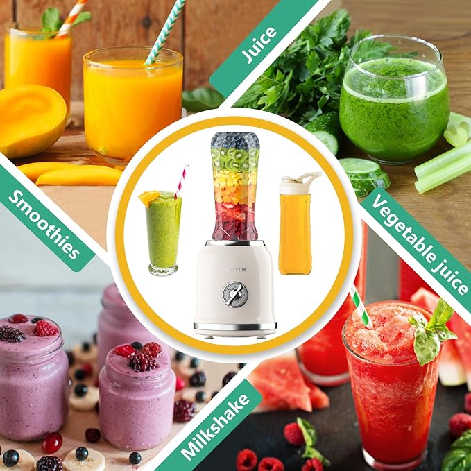 Personal Retro Protein Drink Blender, 3 Speed Small Blender for Smoothies, Maker with 6-Edge Blade and 2 * 20oz BPA Free Travel Cups