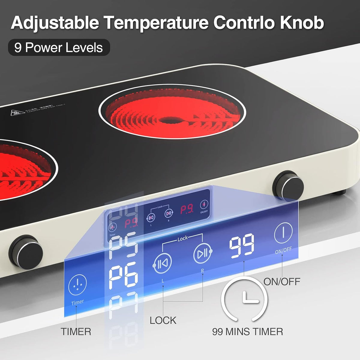 2200W Electric Cooktop 2 Burners: 12 Inch Portable Hot Plate Electric Stove Top - 110V/120V Double Burner Countertop with Timer, Knob Control, 9 Heating Levels, for All Cookware